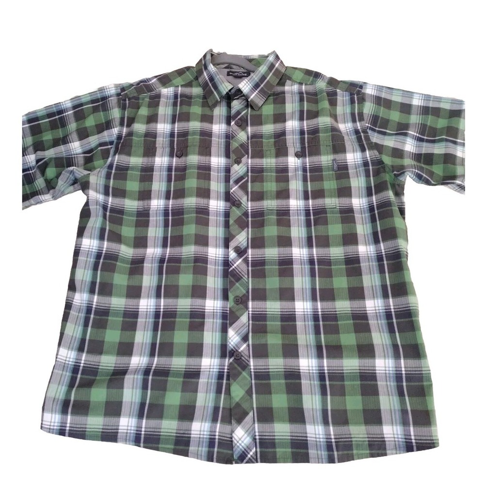 Eddie Bauer Button Up Shirt Men XL Green White Plaid Classic Fit Short‎ Sleeves